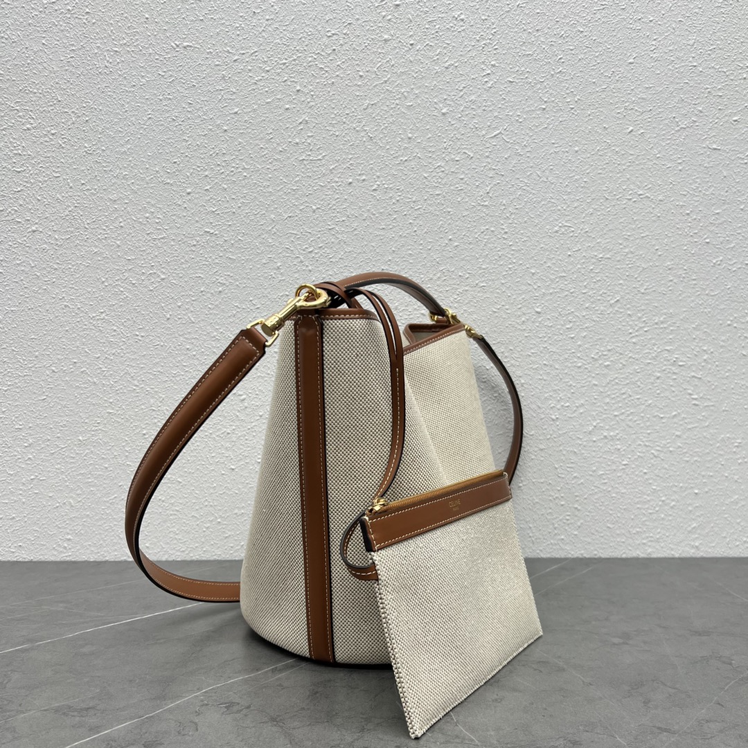 Celine Bucket 16 Smooth Calfskin Canvas Handbag Shoulder Bag Tan/White 195573